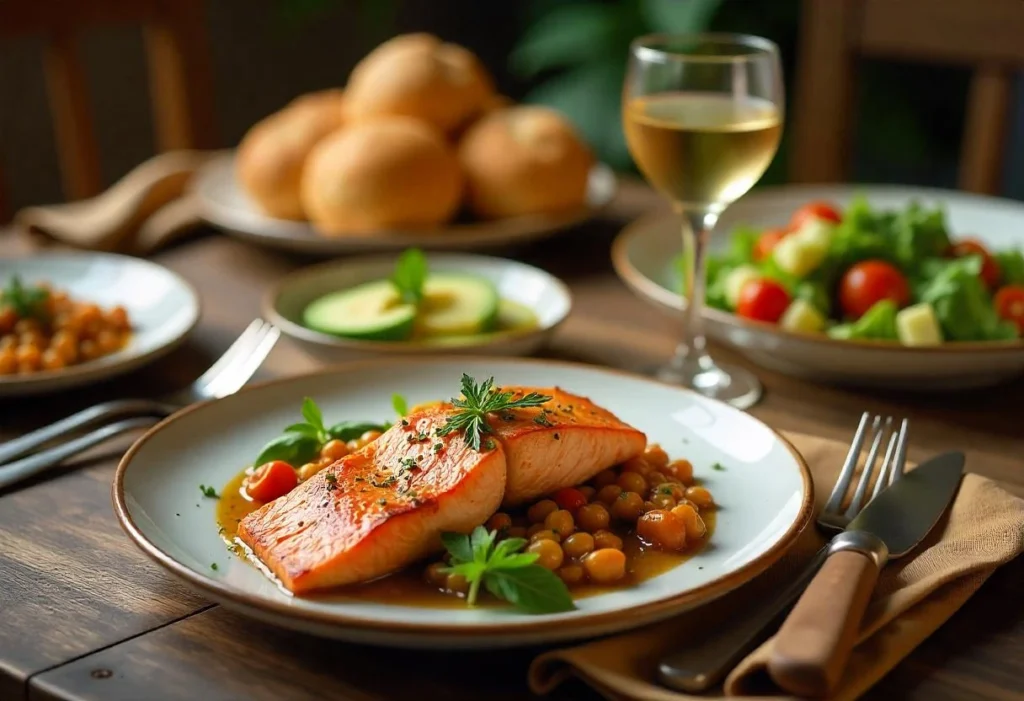 Diabetic-friendly dinner table with grilled salmon, vegetables, lentil soup, cauliflower mash, and avocado salad.