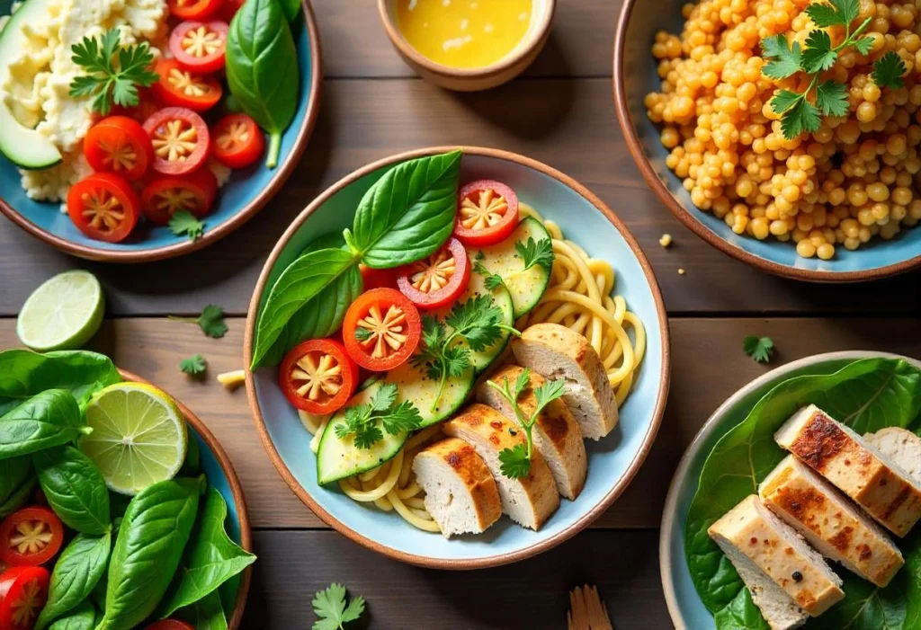 Diabetic-friendly lunch spread with colorful bowls, wraps, and salads on a rustic wooden table.