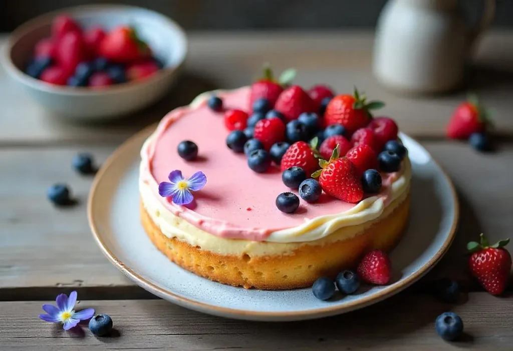 Sugar-free diabetic-friendly vanilla cake topped with fresh berries and edible flowers on a wooden table