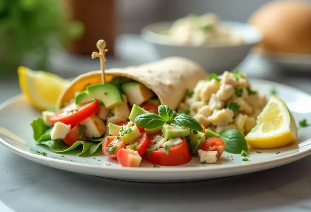 A healthy high-protein lunch plate with Mediterranean Tuna Salad Wrap and Greek Yogurt Chicken Salad, served with fresh vegetables and avocado slices.