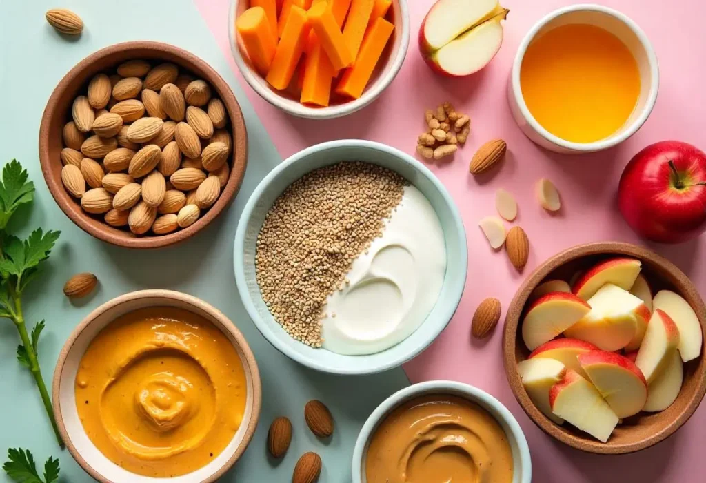 A variety of healthy snacks for blood sugar management, including nuts, Greek yogurt, vegetable sticks with hummus, and fruit slices.