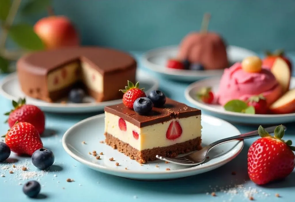 A variety of gluten-free diabetic-friendly desserts including chocolate avocado mousse, flourless chocolate cake, berry sorbets, and baked apple slices, displayed on elegant plates with fresh fruits and natural sweeteners.