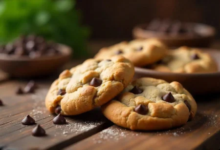 Close-up of freshly baked diabetic-friendly cookies made with almond flour and sugar-free chocolate chips, arranged on a rustic wooden table with natural light.