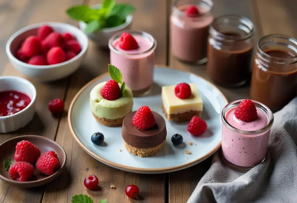 A flat lay of diabetic-friendly desserts including berry parfait, avocado mousse, cheesecake bites, and chia pudding.