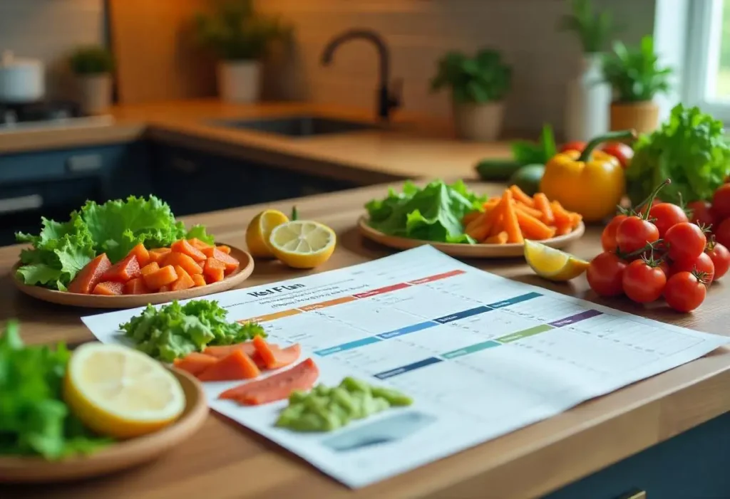 Personalized weekly meal plan with colorful, nutritious foods on a kitchen counter, featuring a variety of fresh ingredients and a shopping list.