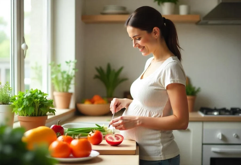 Pregnant woman preparing a healthy meal with fresh vegetables in a bright kitchen.