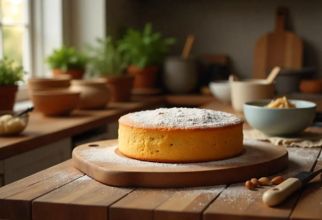Close-up of almond flour and baking ingredients on a rustic kitchen counter with a diabetic-friendly cake being prepared.