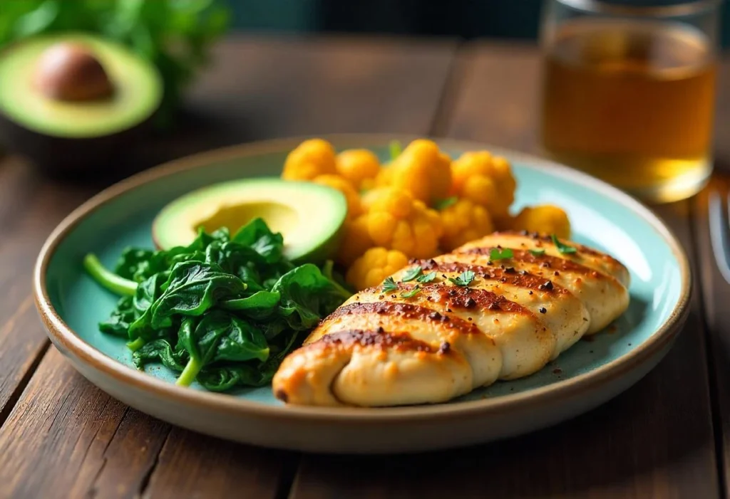 A colorful keto meal plate with grilled chicken, avocado slices, sautéed spinach, and roasted cauliflower on a rustic wooden table.