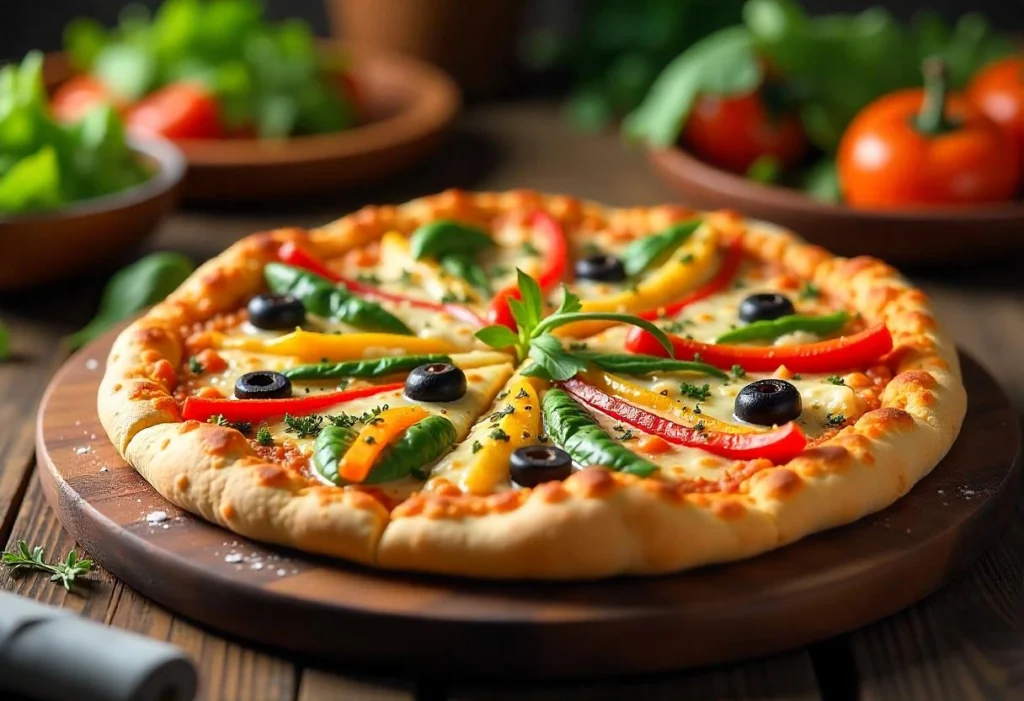 Diabetic-friendly pizza with cauliflower crust topped with colorful vegetables and grilled chicken on a wooden table.