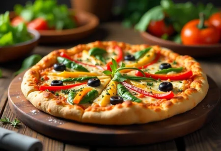 Diabetic-friendly pizza with cauliflower crust topped with colorful vegetables and grilled chicken on a wooden table.