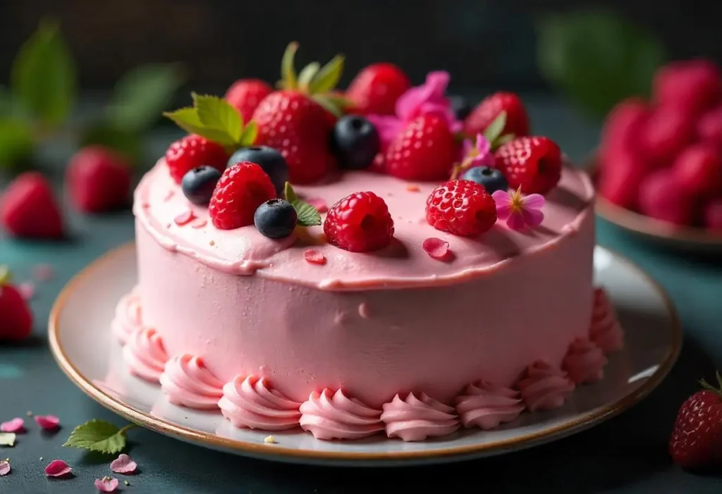 A beautifully decorated sugar-free birthday cake topped with fresh strawberries, blueberries, and edible flowers on a white ceramic cake stand.