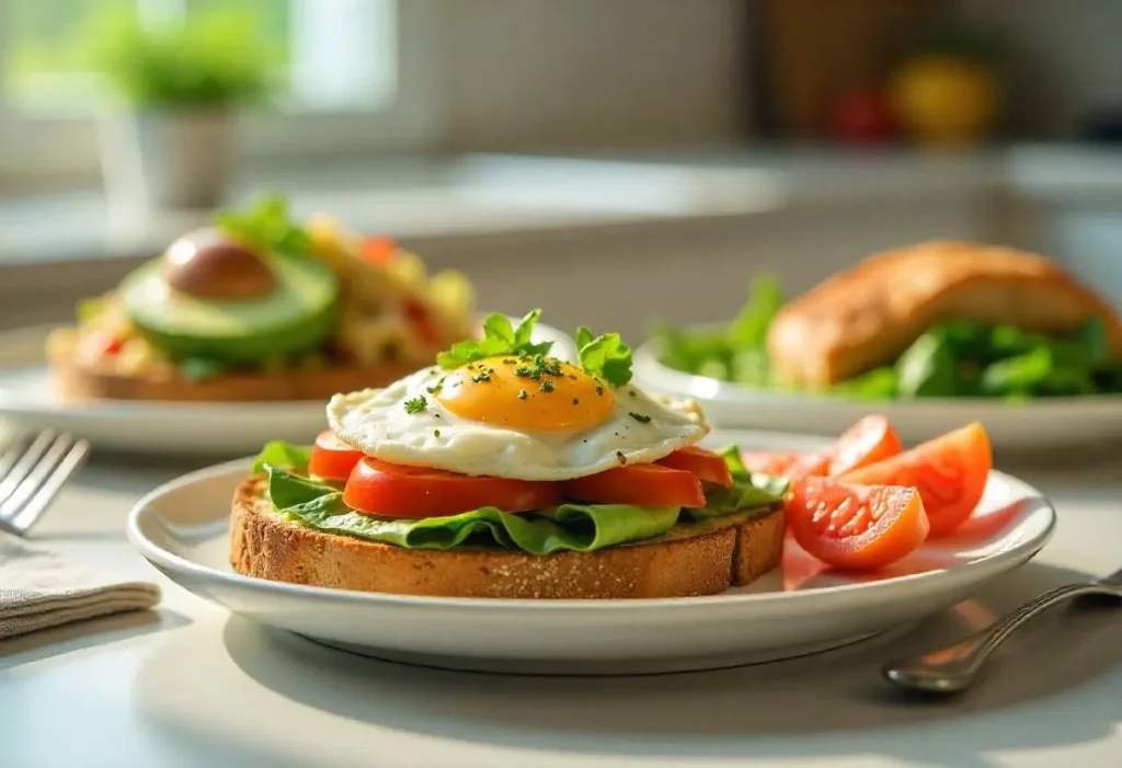 A vibrant, healthy meal spread showing diabetic-friendly breakfast, lunch, and dinner dishes with whole grains, fresh vegetables, lean protein, and healthy fats on a modern kitchen table.