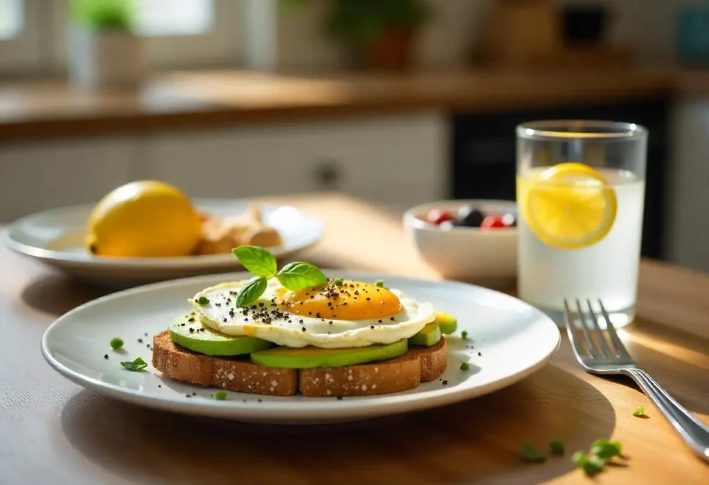 Healthy diabetic-friendly breakfast with eggs, avocado toast, and Greek yogurt topped with berries on a wooden table.
