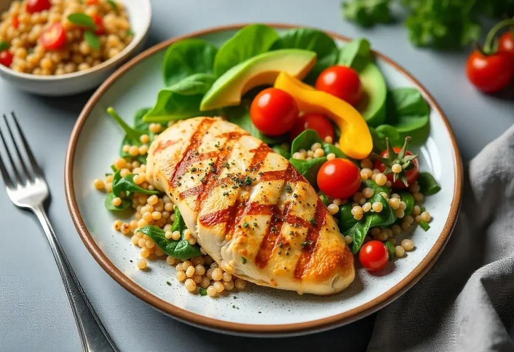 Balanced diabetic-friendly lunch plate with grilled chicken, quinoa, avocado, and fresh vegetables