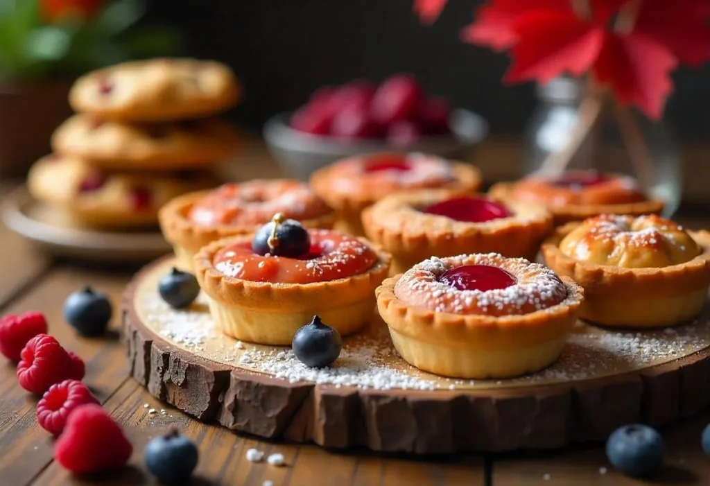 A rustic wooden table displaying an assortment of diabetes-friendly Canadian desserts, including sugar-free maple syrup cookies, butter tarts made with alternative sweeteners, and colorful Nanaimo bars, garnished with fresh Saskatoon berries, wild blueberries, and cranberries.