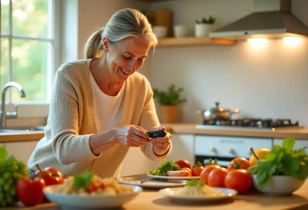 Middle-aged person in a bright kitchen checking blood sugar with a glucometer, surrounded by healthy foods including vegetables, whole grains, and lean proteins.
