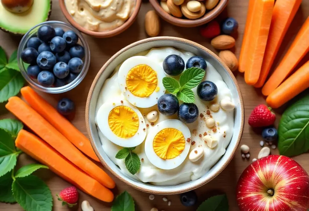 Flat lay of healthy blood sugar-stabilizing snacks including nuts, Greek yogurt with berries, hard-boiled eggs, avocado slices, carrots with hummus, apple slices with almond butter, and trail mix on a rustic wooden table.