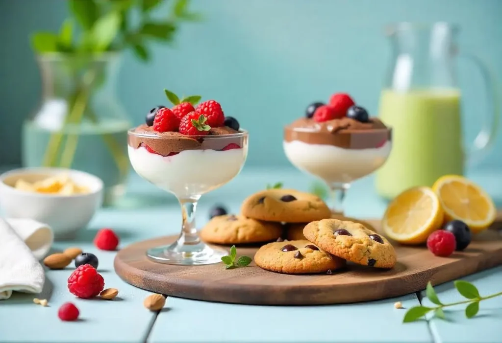 Diabetic-friendly desserts featuring berry parfaits, chocolate avocado mousse, and almond flour cookies