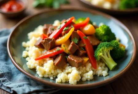 Diabetic-friendly ground beef stir-fry with colorful vegetables and cauliflower rice on a ceramic plate