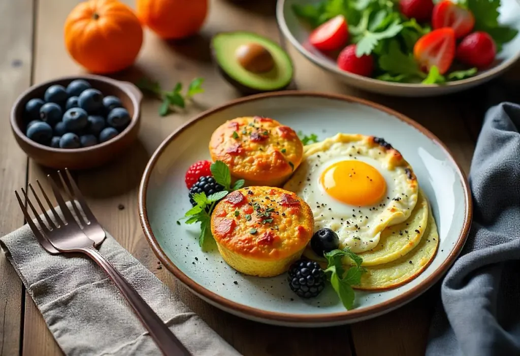 A colorful assortment of low-carb diabetic meals including omelet muffins, zucchini noodles with turkey meatballs, chia seed pudding, and avocado chocolate mousse, arranged on a table.