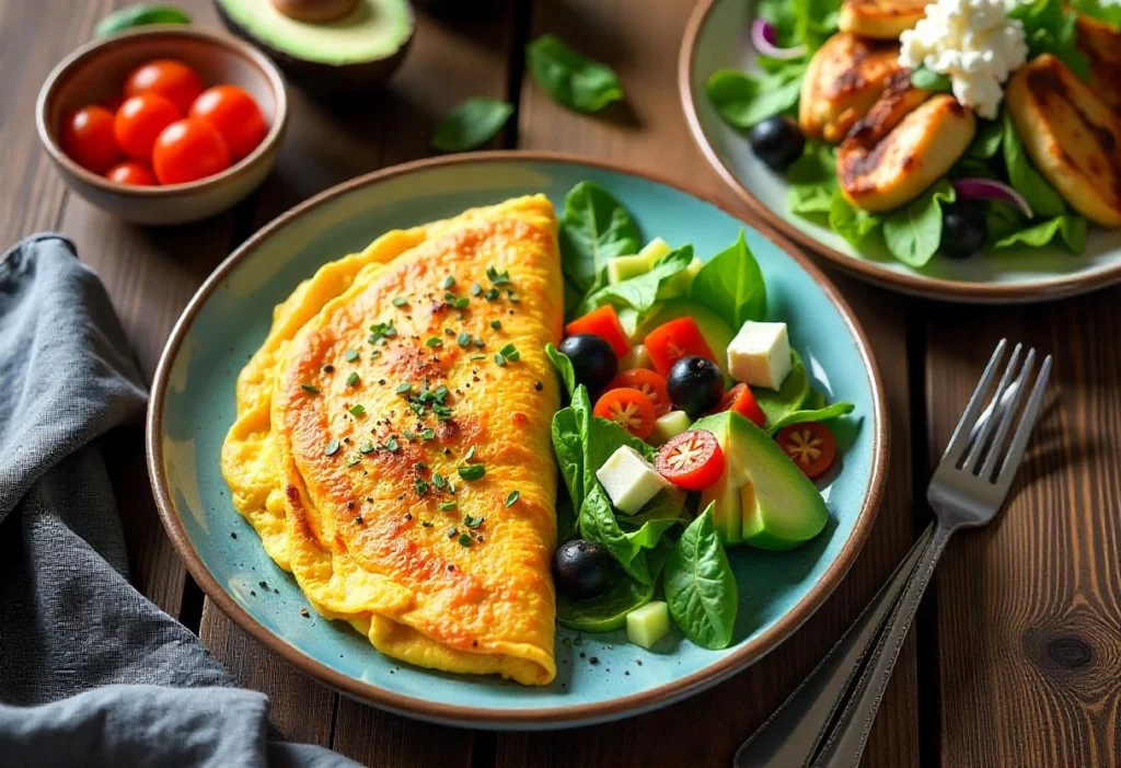 Enjoy Guilt-Free Eating with These Low-Carb Recipes 1 Healthy low-carb meal with omelet, Greek salad, stuffed avocado, and chocolate fat bombs on a rustic table