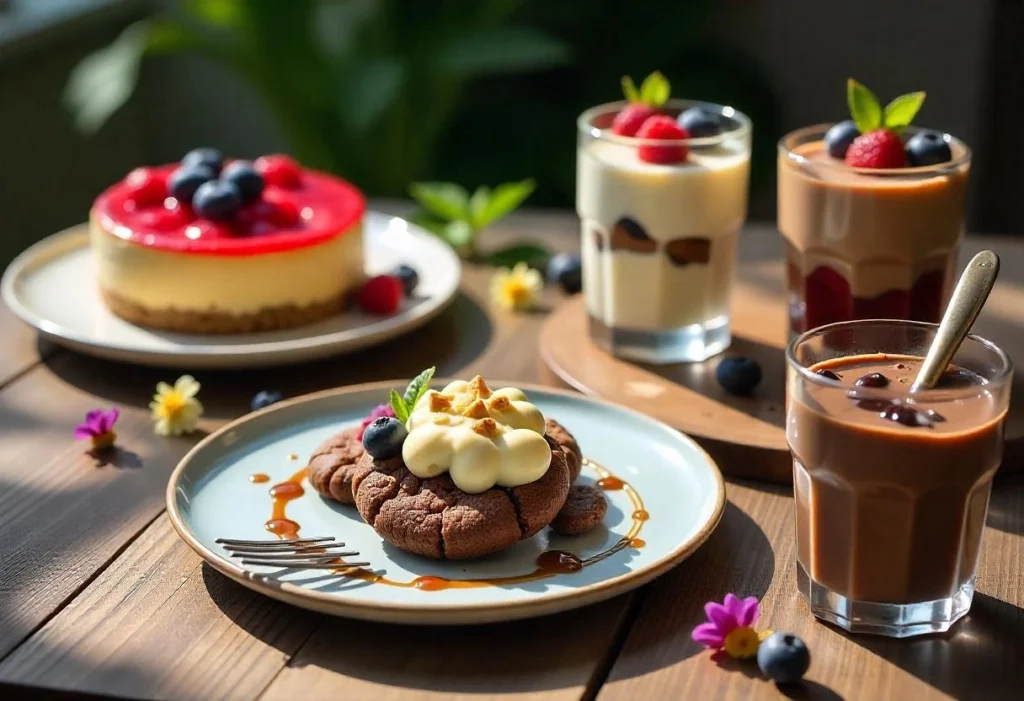 Diabetic-Friendly Desserts: Sugar-Free Recipes to Satisfy Your Sweet Tooth 1 A collection of diabetic-friendly desserts including no-bake sugar-free cheesecake, berry chia seed pudding, almond flour chocolate cookies, Greek yogurt parfait, and avocado chocolate mousse, arranged on a rustic wooden table.