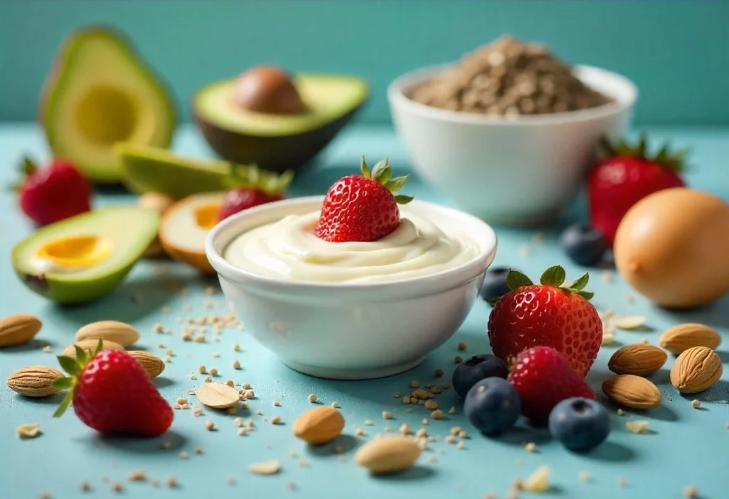 Top 10 Snacks for Healthy Blood Sugar Control: Best Choices for Stabilizing Glucose Levels 1 Healthy snack table with blood sugar-friendly options like Greek yogurt, almonds, chia seeds, avocado, eggs, and fresh berries, each labeled with their benefits for stabilizing blood sugar