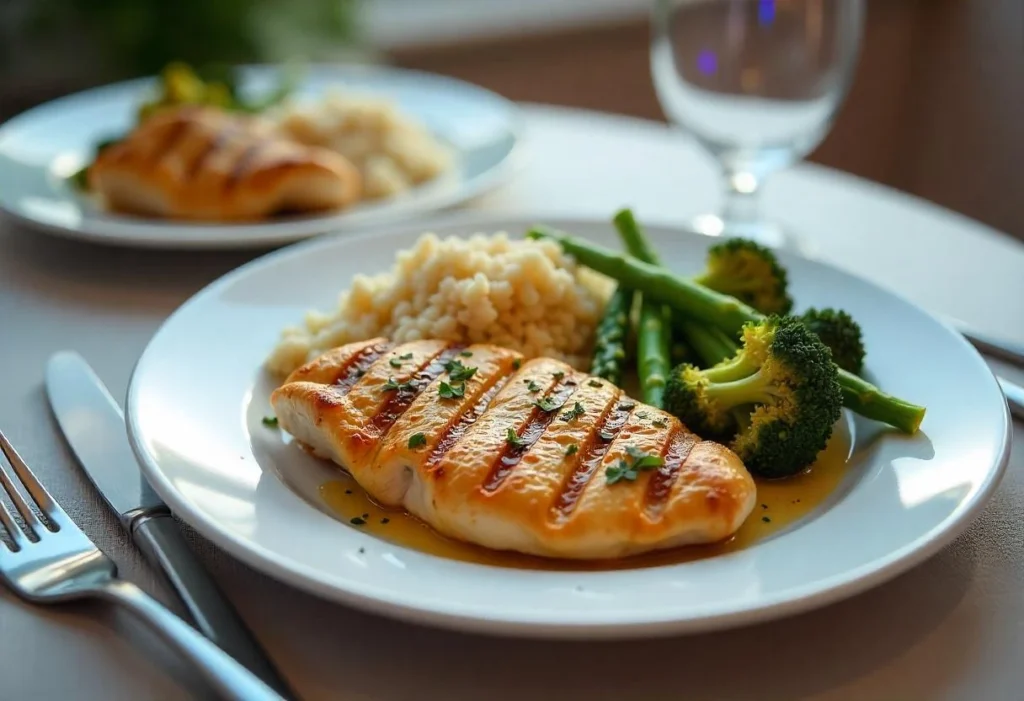  A diabetic-friendly dinner plate with grilled chicken, roasted vegetables, and quinoa on a modern dining table.