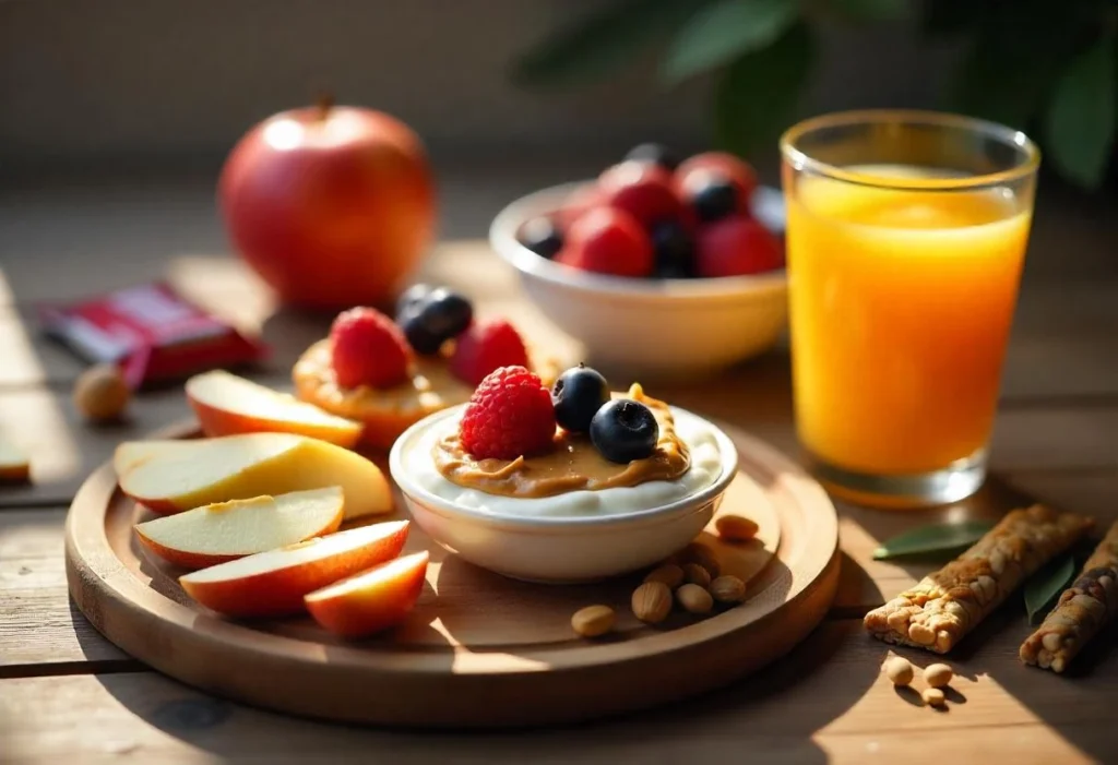 Healthy snacks for managing low blood sugar, including apple slices with almond butter, Greek yogurt with berries, orange juice, nuts, and glucose tablets on a wooden table.