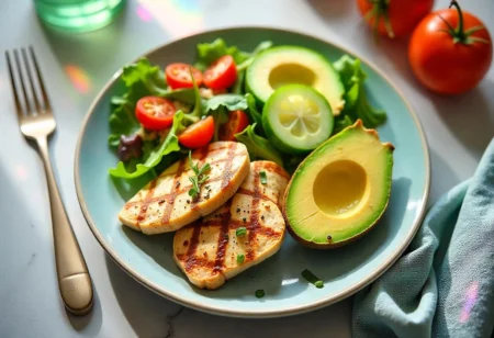 Healthy diabetic-friendly lunch with grilled chicken, quinoa salad, avocado, leafy greens, and vegetables on a plate.