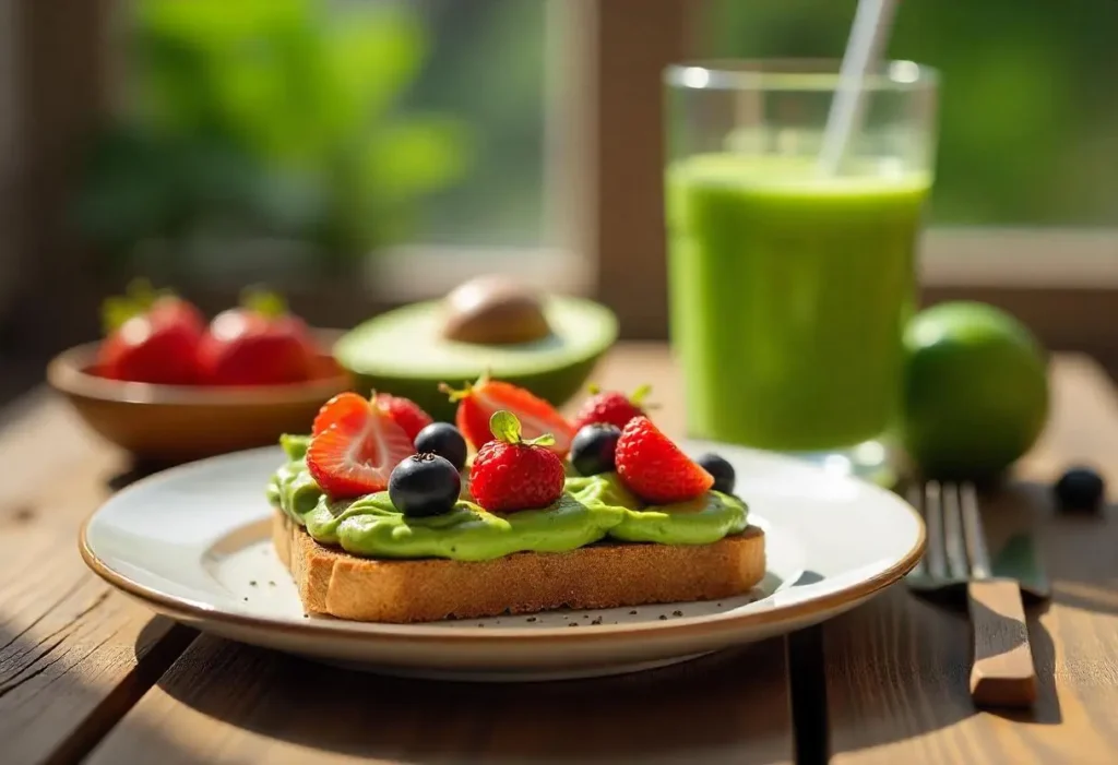 Diabetic-friendly breakfast with avocado toast, Greek yogurt, and green smoothie
