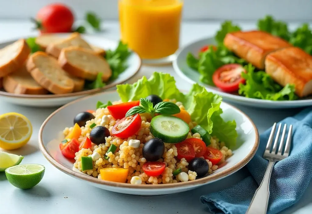 A vibrant and healthy low GI lunch spread with protein-packed salads, quinoa bowls, and roasted vegetables, ideal for diabetics.