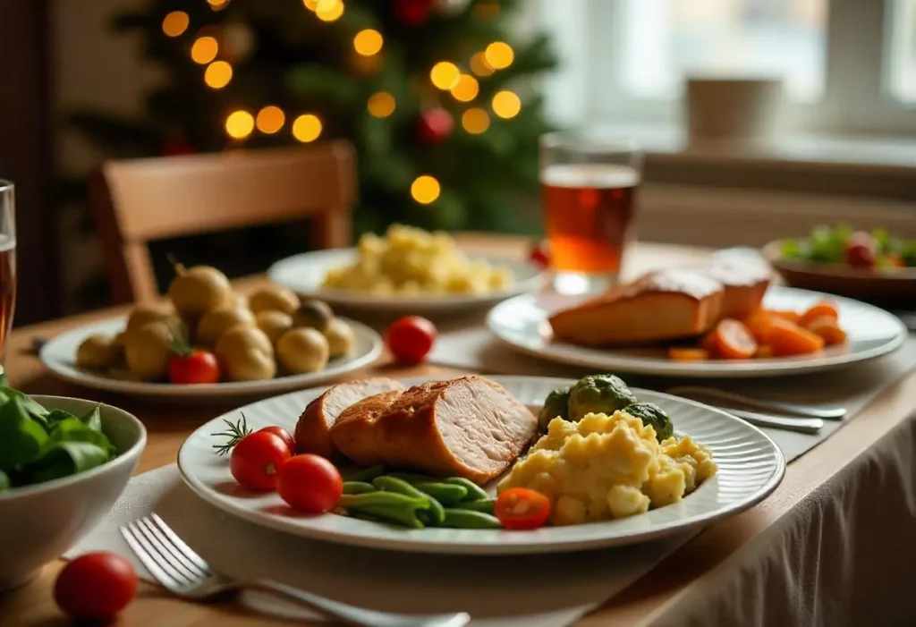 Diabetes-friendly Christmas dinner with lean proteins, low-carb sides, and festive decorations.