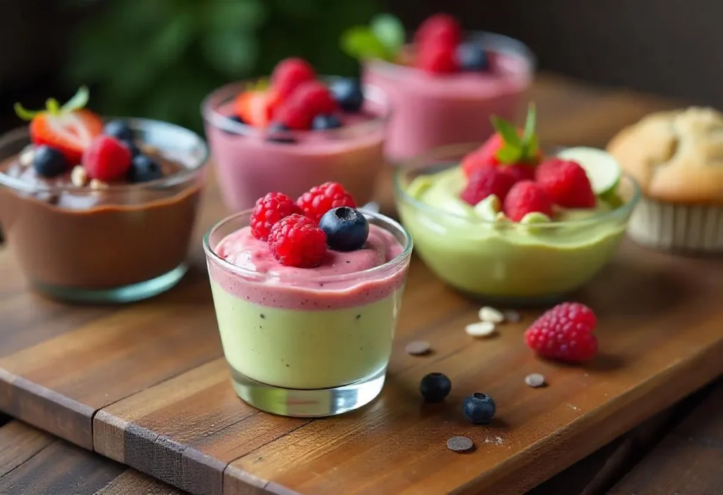 Diabetes-friendly dessert spread including berry parfaits, chia seed pudding, dark chocolate mousse, and almond flour muffins on a rustic table.