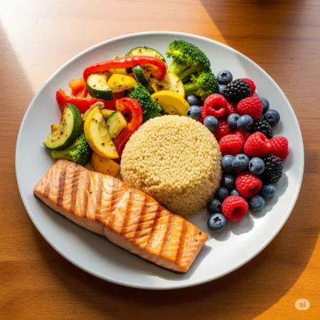 A vibrant flat lay of a balanced 1800-calorie diabetic meal plan featuring grilled salmon, quinoa, roasted vegetables, and a side of fresh berries, all arranged aesthetically on a wooden table.