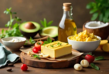 A flat lay photograph showing jars and bowls of avocado spread, olive oil, Greek yogurt, almond butter, and coconut oil arranged neatly on a wooden table, highlighting healthy butter alternatives.
