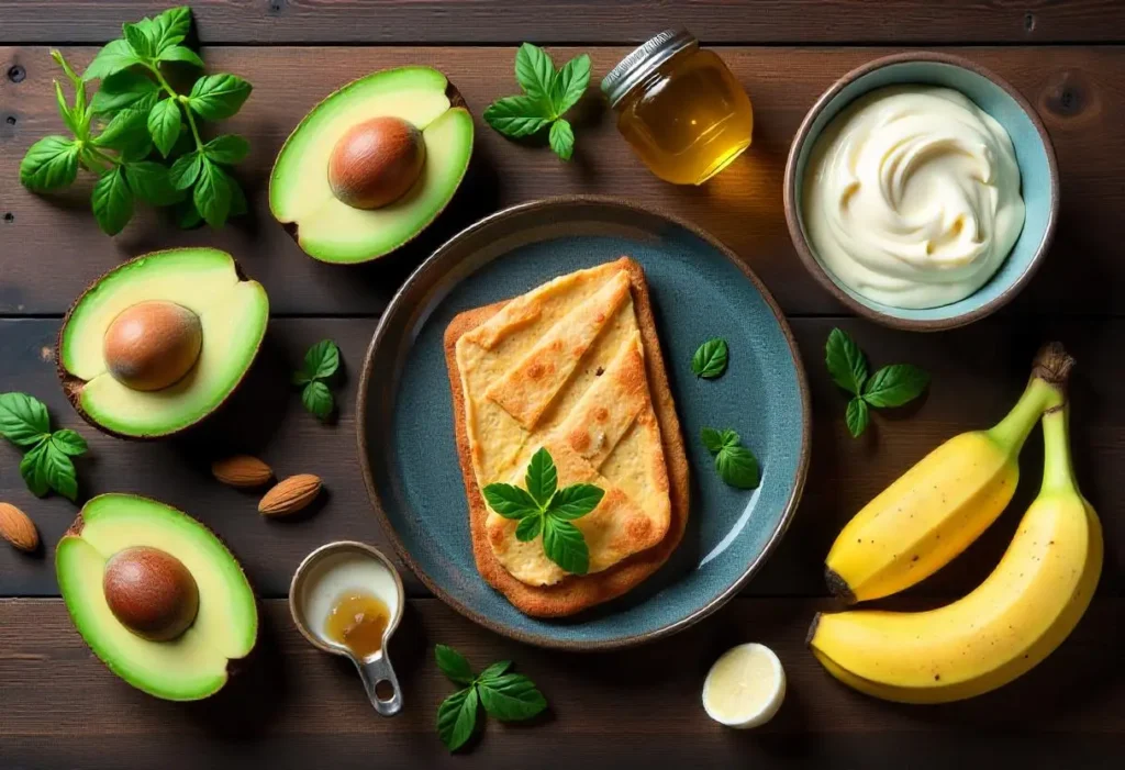 Flat lay of diabetes-friendly butter alternatives including avocado, olive oil, almond butter, and mashed banana on a rustic table.
