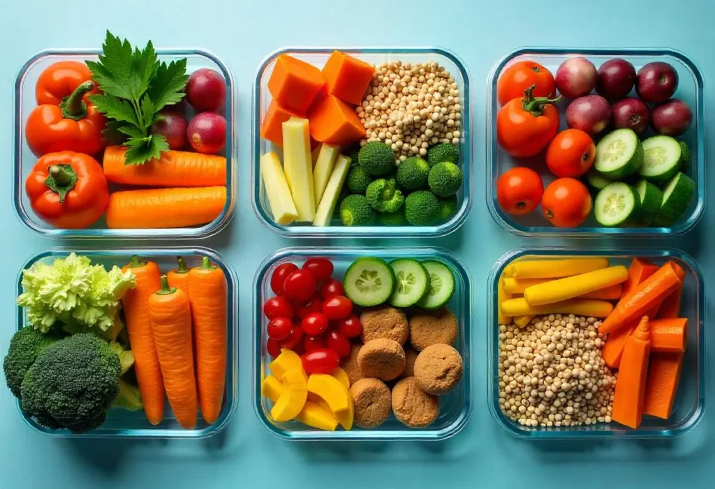 A colorful, organized diabetic meal prep with budget-friendly ingredients on a kitchen counter.