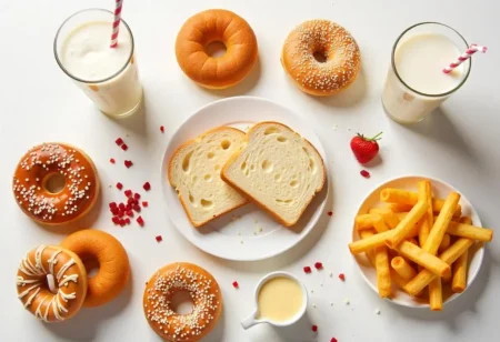 Foods to avoid with diabetes: white bread, sugary drinks, sweets, and fried foods
