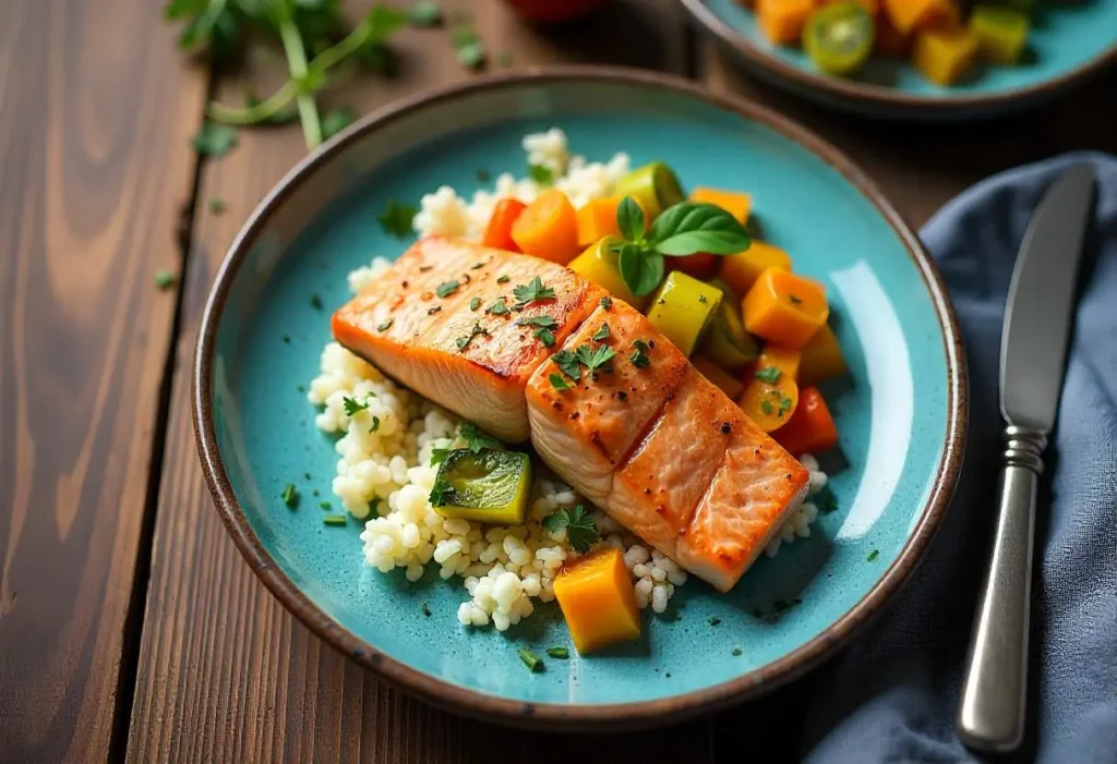 Low-carb diabetic dinner with salmon and vegetables