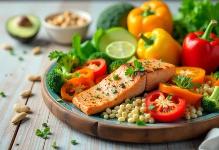 A colorful and appealing spread of diabetic-friendly foods including grilled salmon, quinoa, fresh vegetables, avocado, and nuts on a wooden table.