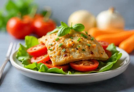 A vibrant, balanced plate featuring grilled salmon, quinoa, and a colorful assortment of roasted non-starchy vegetables, illustrating a diabetes-friendly meal.