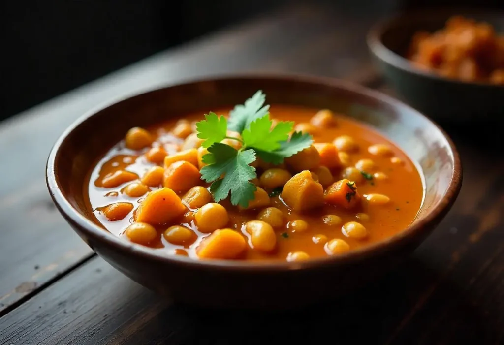 A steaming bowl of colorful lentil and vegetable curry garnished with cilantro.