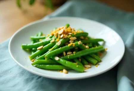 A close-up of vibrant green beans topped with toasted almonds and lemon zest on a white plate