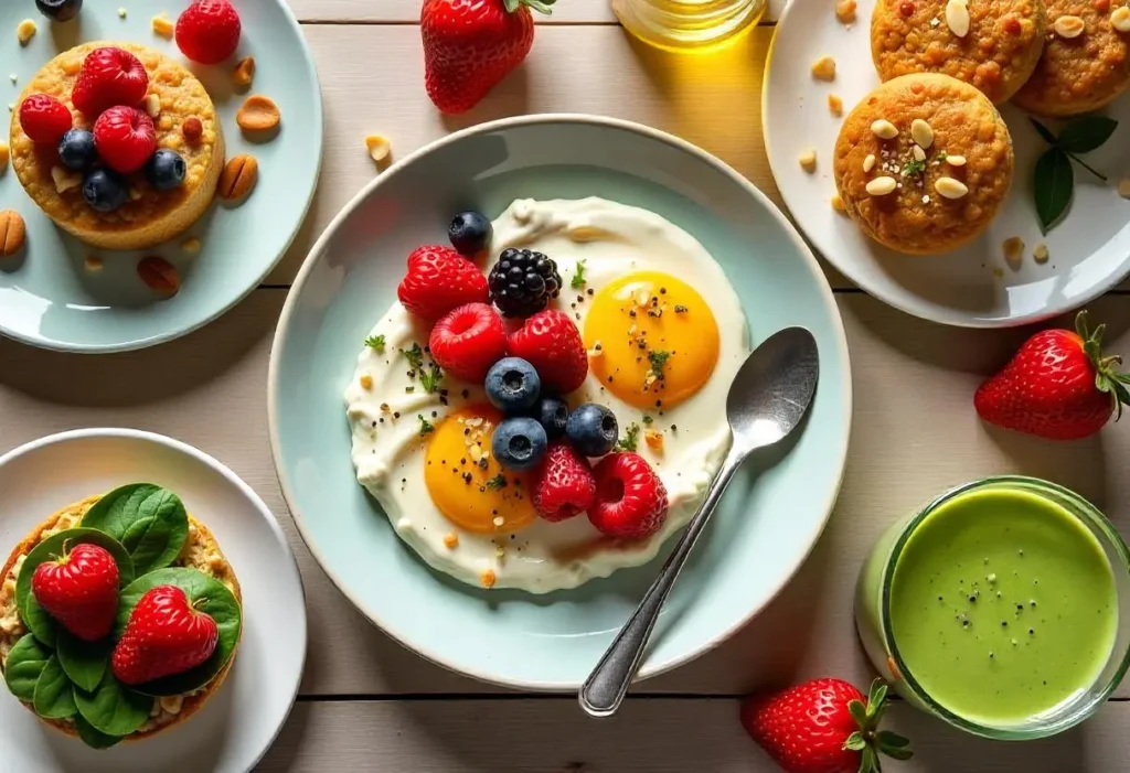 Diabetic-friendly breakfast options including yogurt parfait, egg muffins, chia pudding, and avocado toast