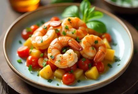Healthy shrimp dinner with colorful vegetables under 300 calories