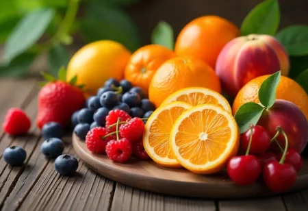 Diabetes-friendly fruits assortment including berries, citrus, and stone fruits