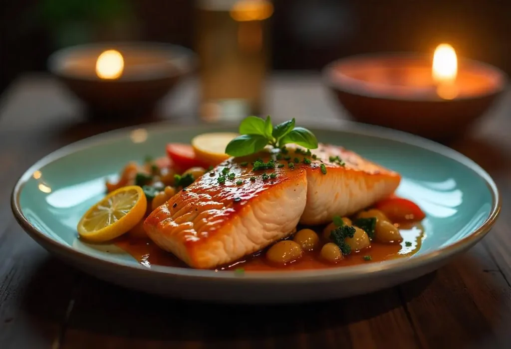 Grilled salmon with roasted vegetables on a plate, diabetes-friendly dinner option
