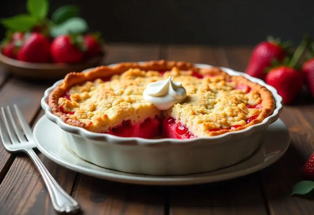 Keto strawberry rhubarb dump cake with golden almond flour topping in a rustic ceramic baking dish, garnished with fresh strawberries and rhubarb, served with whipped cream.