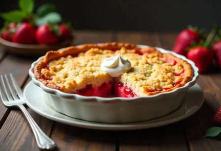 Keto strawberry rhubarb dump cake with golden almond flour topping in a rustic ceramic baking dish, garnished with fresh strawberries and rhubarb, served with whipped cream.